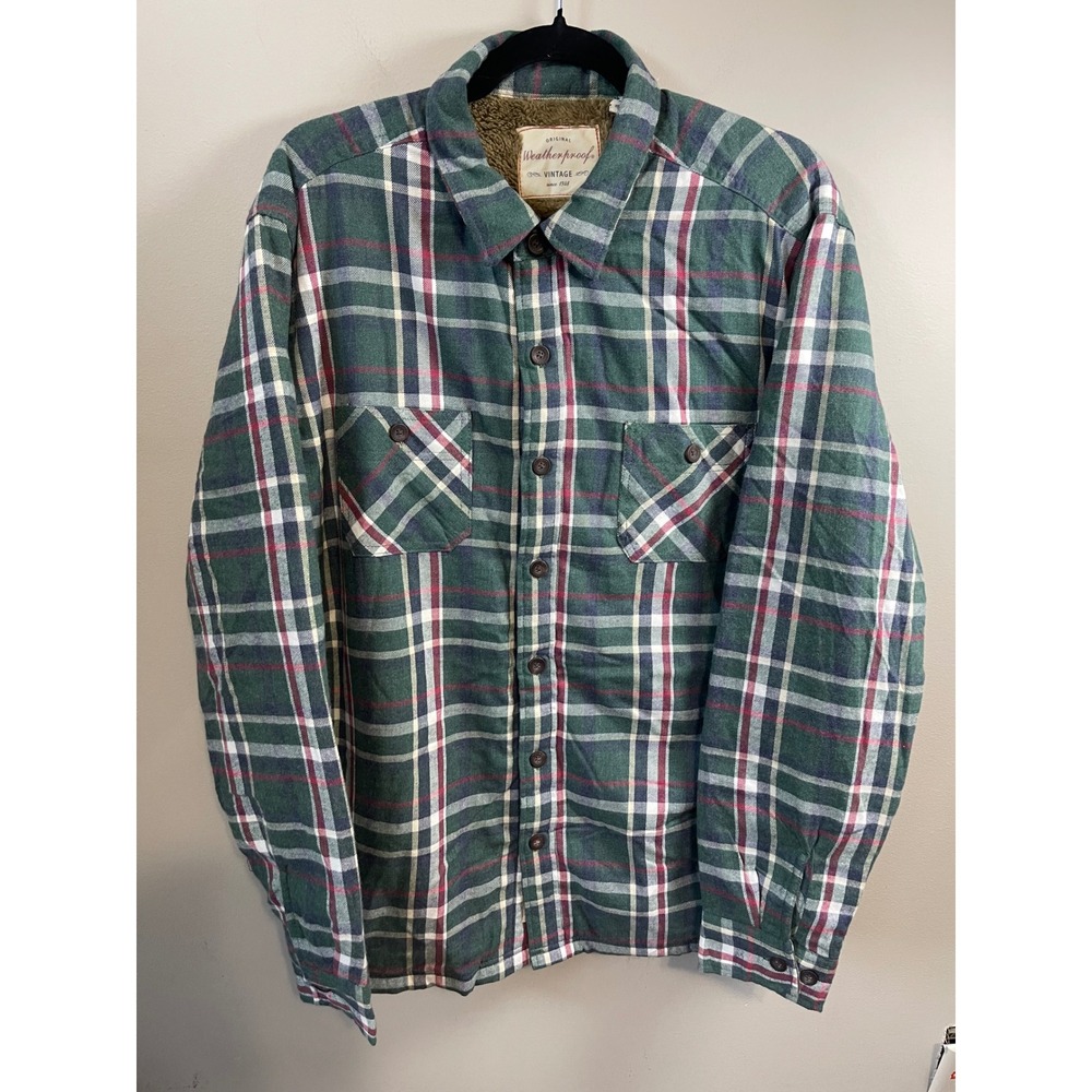 Weatherproof Vintage Mens Green Plaid Sherpa Lined Flannel Shirt Jacket Large